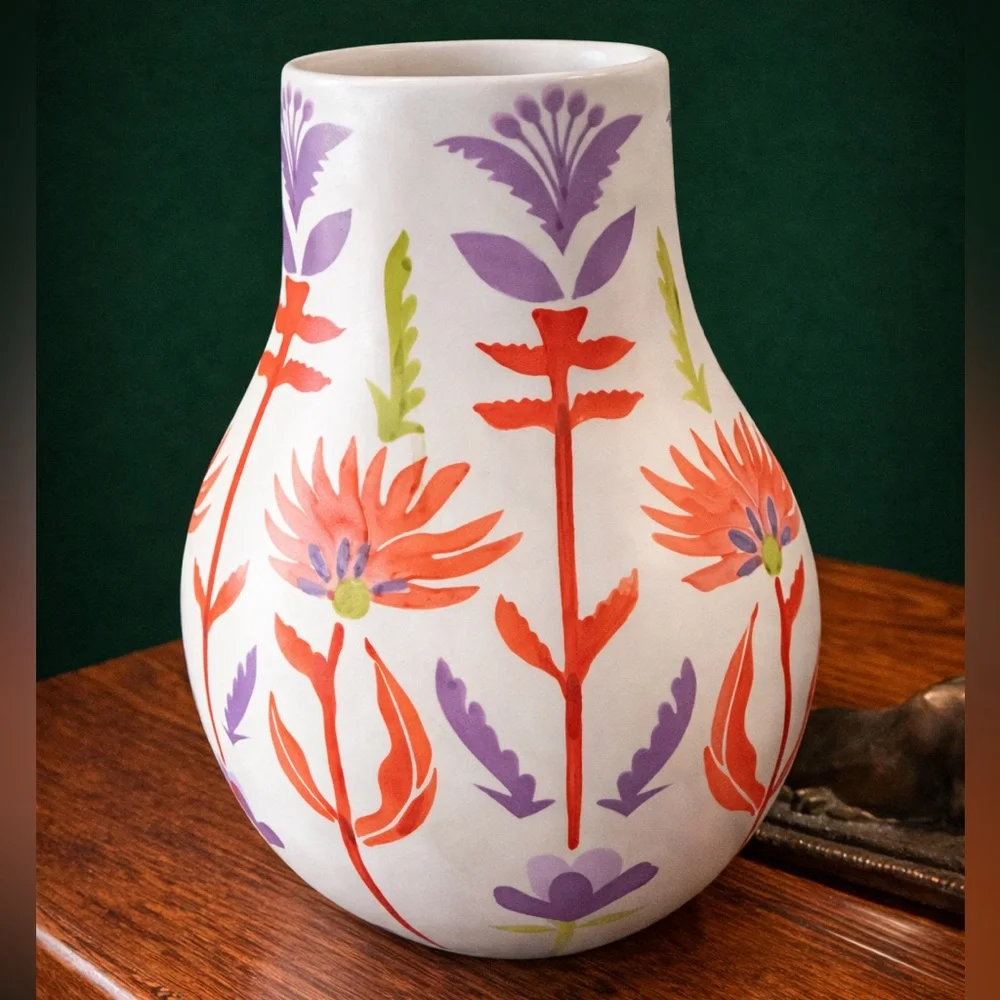 ANTHROPOLOGIE Handpainted Stoneware Large Floral/Flower Vase
